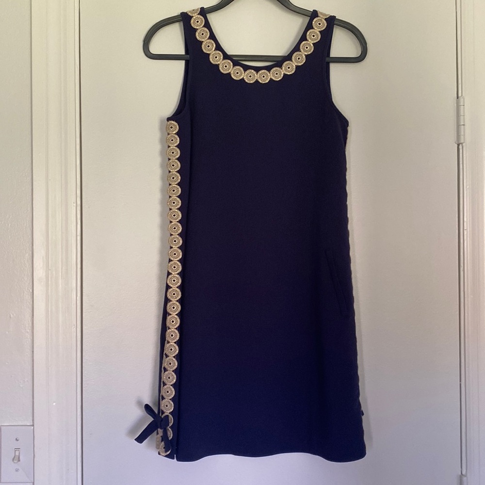 Lilly Pulitzer navy dress with gold embroidery